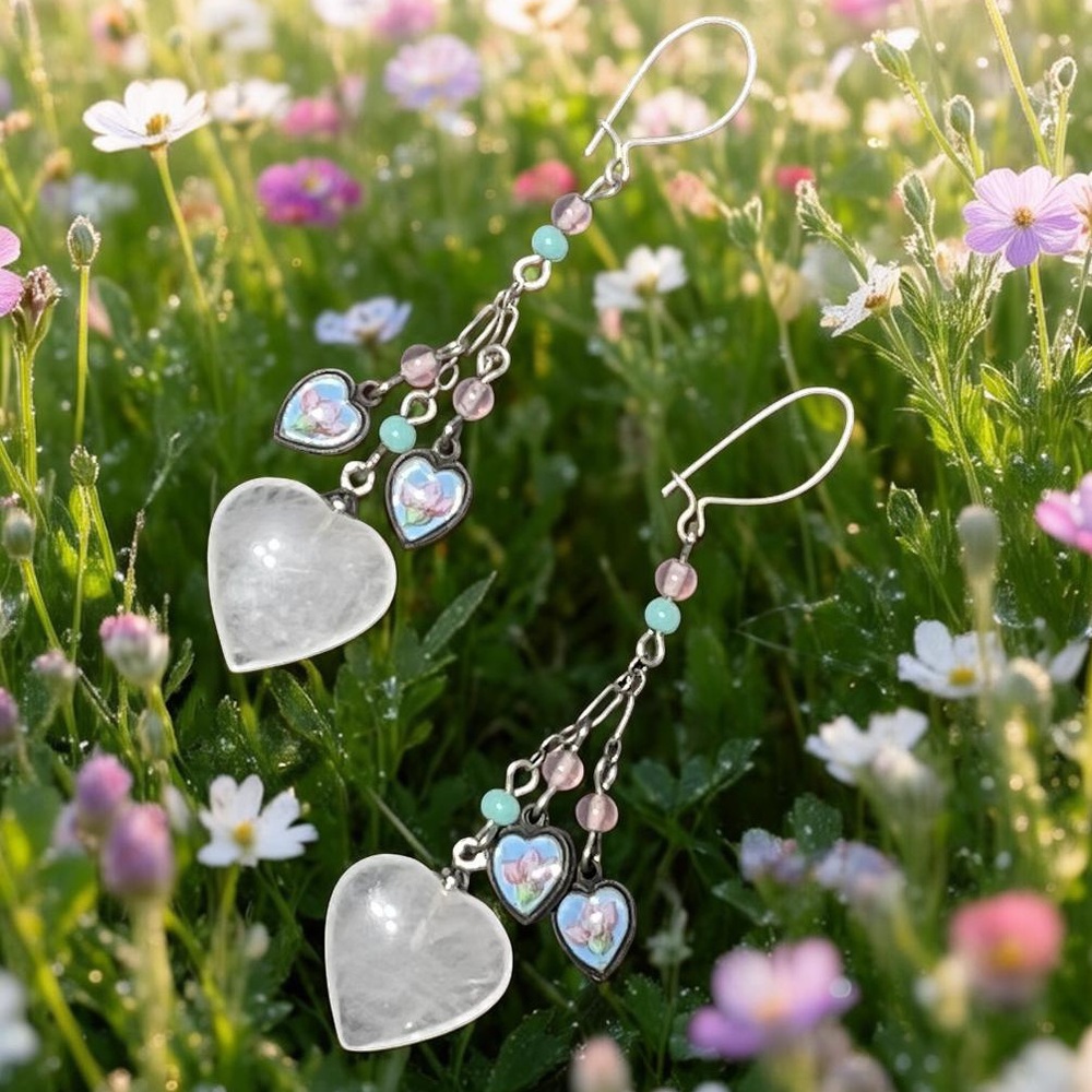 Lucy Isaacs Rose Quartz Heart Dangle Earrings Sterling NWOT